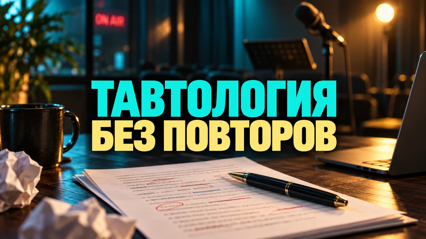 Обложка статьи «Тавтология и плеоназм: как убрать повторы и смысловую избыточность из речи»: Лист для редактирования выступления и надпись «Повторы в речи». Заголовок «ТАВТОЛОГИЯ — БЕЗ ПОВТОРОВ» встроен в изображение.