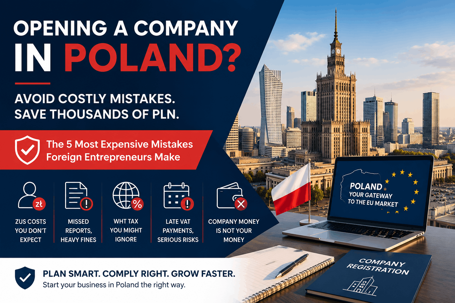 Foreign entrepreneur planning to open a company in Poland with the Warsaw skyline in the background highlighting the five most expensive business mistakes including ZUS contributions VAT compliance withholding tax WHT annual financial statements and prope
