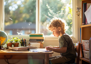 Ребенок сосредоточенно пишет за деревянным столом, окруженный учебными материалами, книгами и глобусом, в светлой комнате с видом на природу