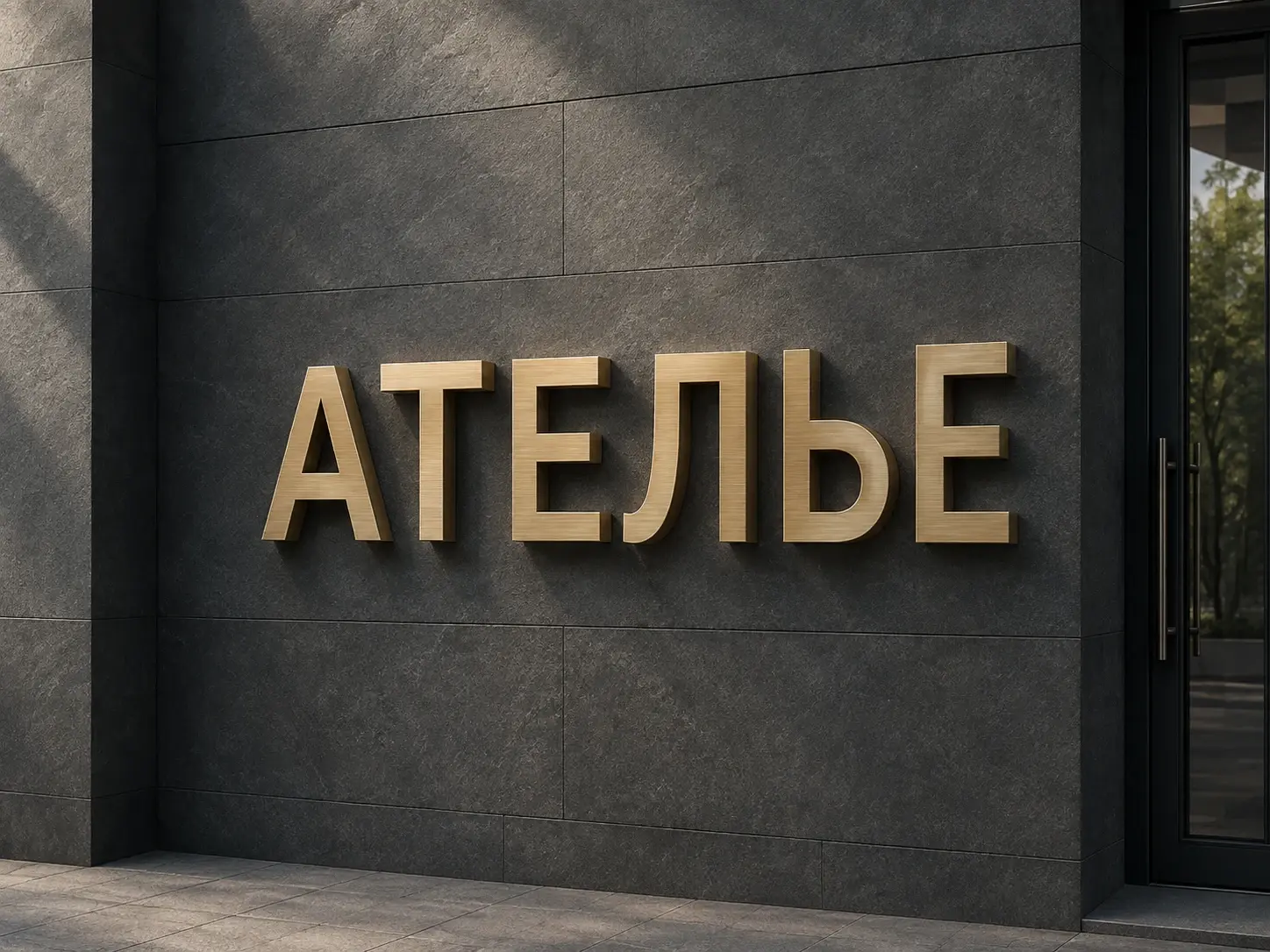 Полная надпись АТЕЛЬЕ из объёмных шлифованных латунных букв на каменной стене