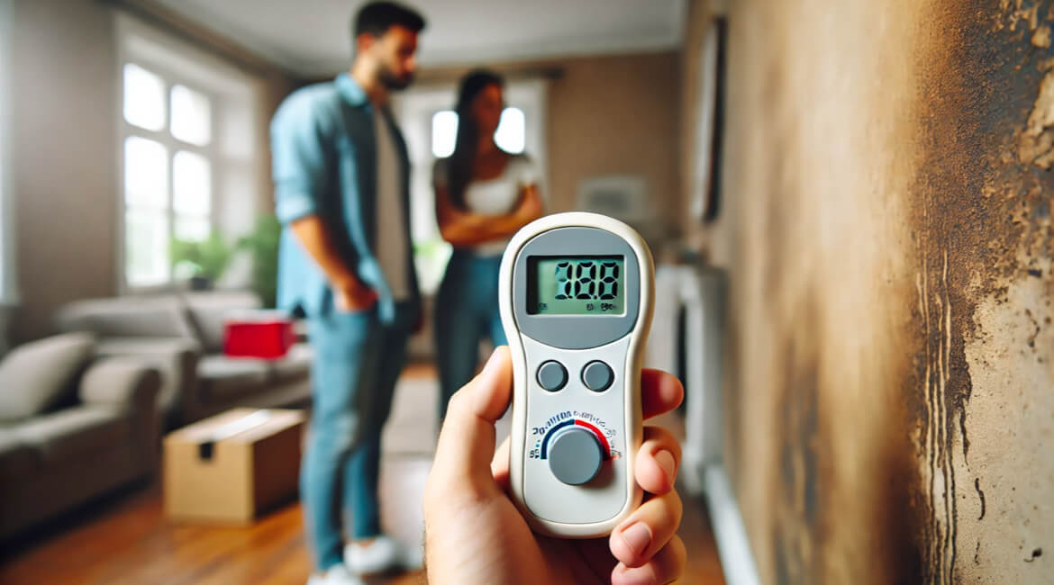 A close-up of a moisture meter pressed against the apartment wall. The digital screen displays the humidity level. In the background, slightly blurred, a young couple and a real estate agent are inspecting the property. Light traces of moisture and discol