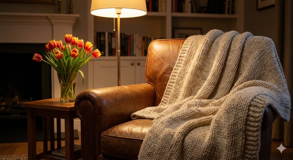 Уютный интерьер с креслом пледом и букетом тюльпанов
