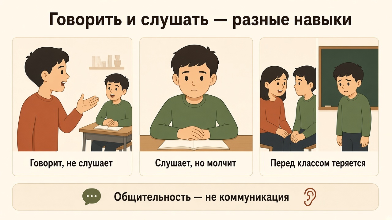 Три разных навыка: говорить без слушания, слушать молча, теряться перед классом