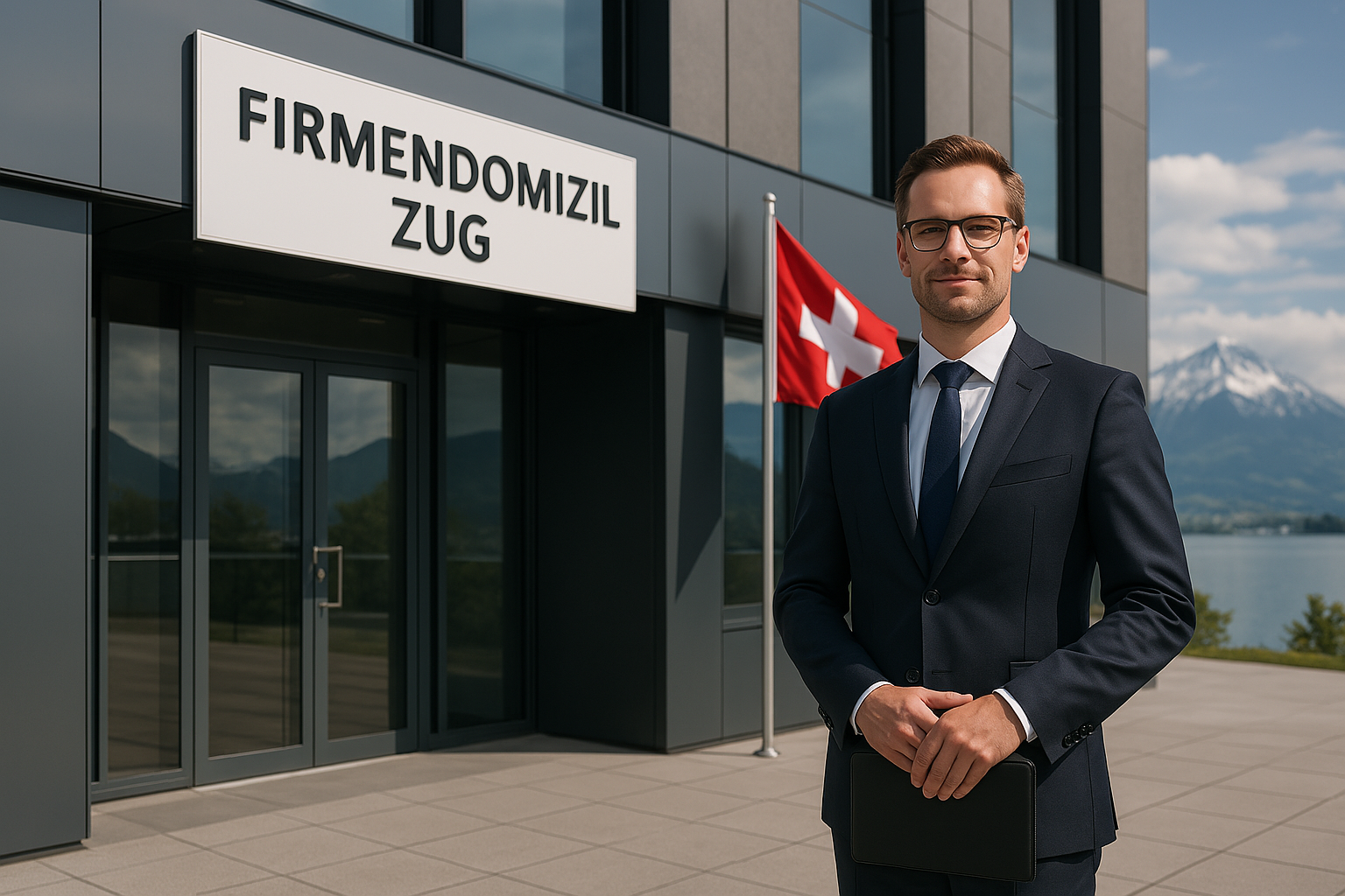 Businessperson sets up company domicile in Zug, with Swiss flag in the background and a view of Lake Zug