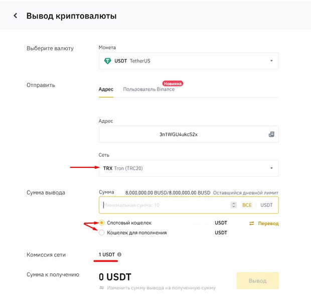 окно вывода криптовалюты с биржи Binance