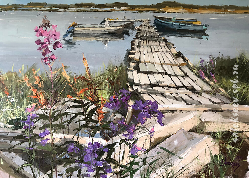 Old pier. Belated flowers. 2023. Oil on canvas 60x50 cm