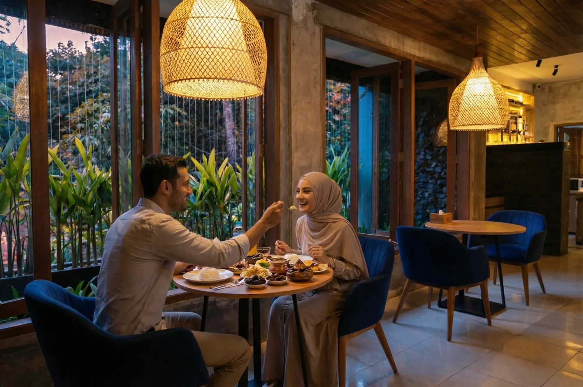 A smiling couple enjoying an intimate Iftar in Ubud at a small wooden table by large open folding doors. The man is playfully offering food to the woman, who wears a hijab, with lush tropical greenery visible outside.