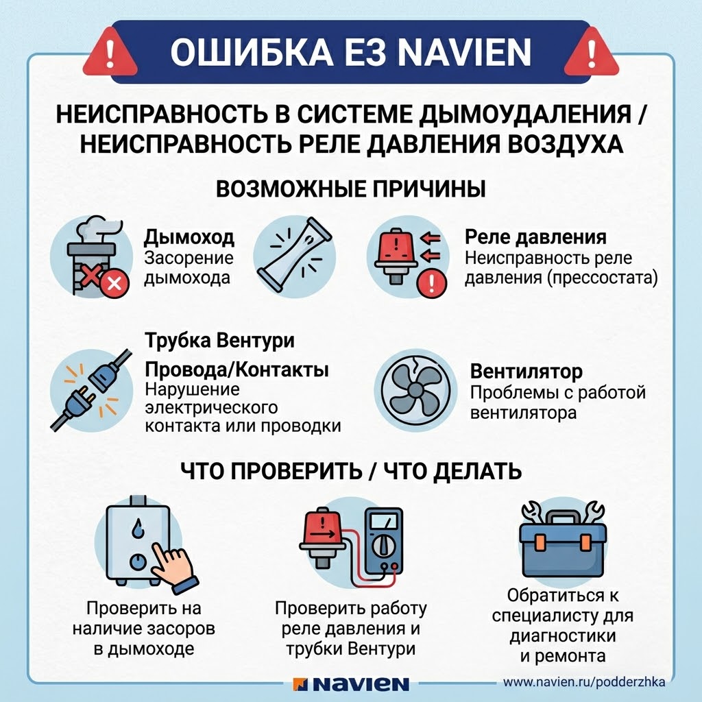 Ошибка Е3 Navien NGB 210 NGB 150. Неисправность в системе дымоудаления / неисправность реле давления