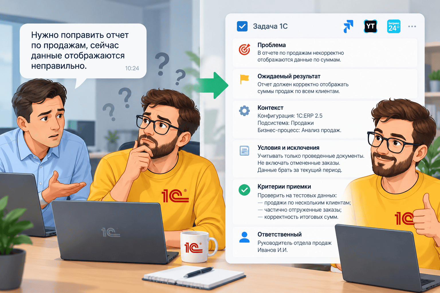 Пример правильной постановки задачи программисту 1С: сравнение расплывчатого запроса и подробной карточки задачи с требованиями, условиями и критериями приемки.