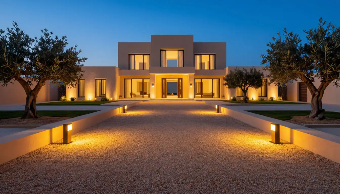 residence at dusk with expansive gravel driveway