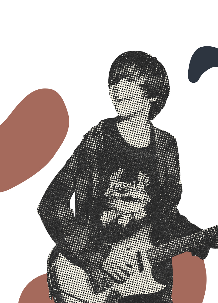 Стилизованный портрет гитариста с электрогитарой: графическая иллюстрация в инди-рок эстетике, минималистичный фон, музыкальная атмосфера, креативный дизайн и образ молодого музыканта.