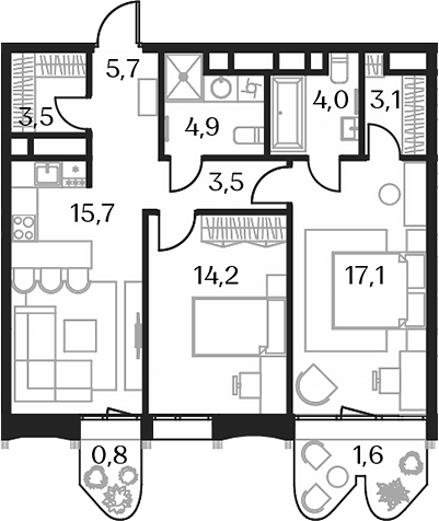 3-комн. — 74 м²