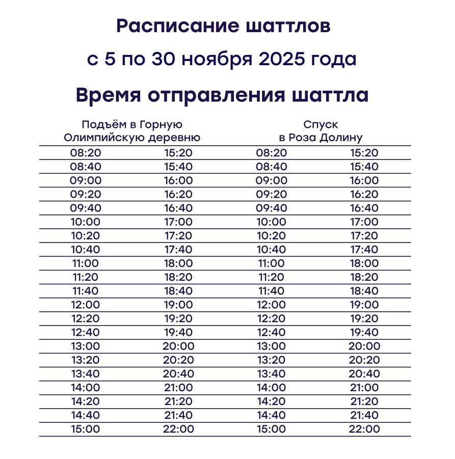расписание шаттлов от роза хутор до горная олимпийская деревня и обратно осень 2025