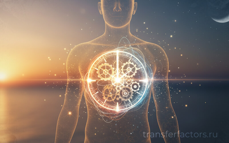Силуэт человека на фоне заката, в области груди сияют «внутренние часы» и шестерёнки как символ циркадного ритма; 4Life Transfer Factor Plus