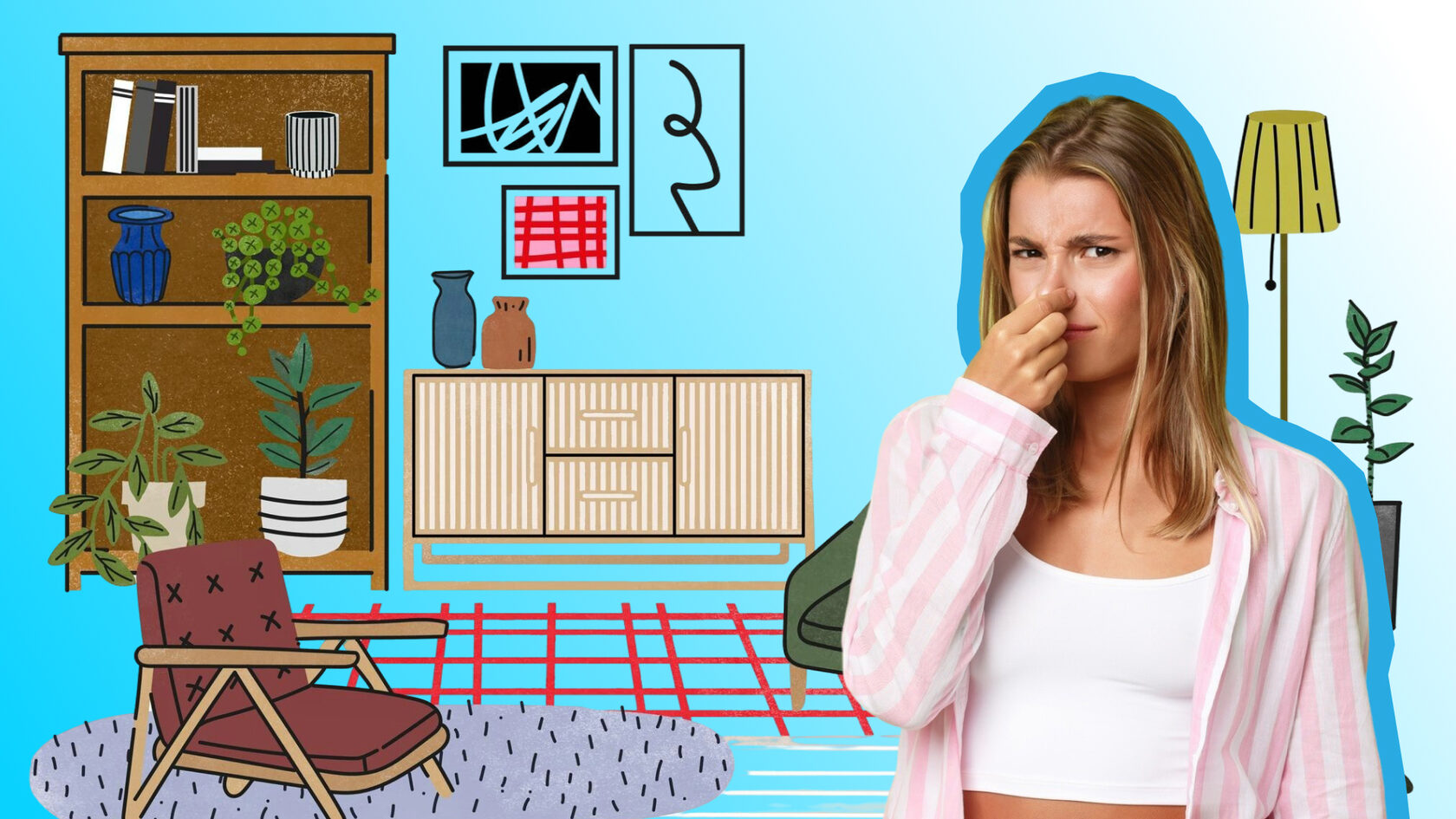 Женщина с недовольным выражением лица держит нос, демонстрируя, как неприятные запахи остаются в квартире, несмотря на проветривание и ароматизаторы. Она пытается понять, почему запах не уходит.