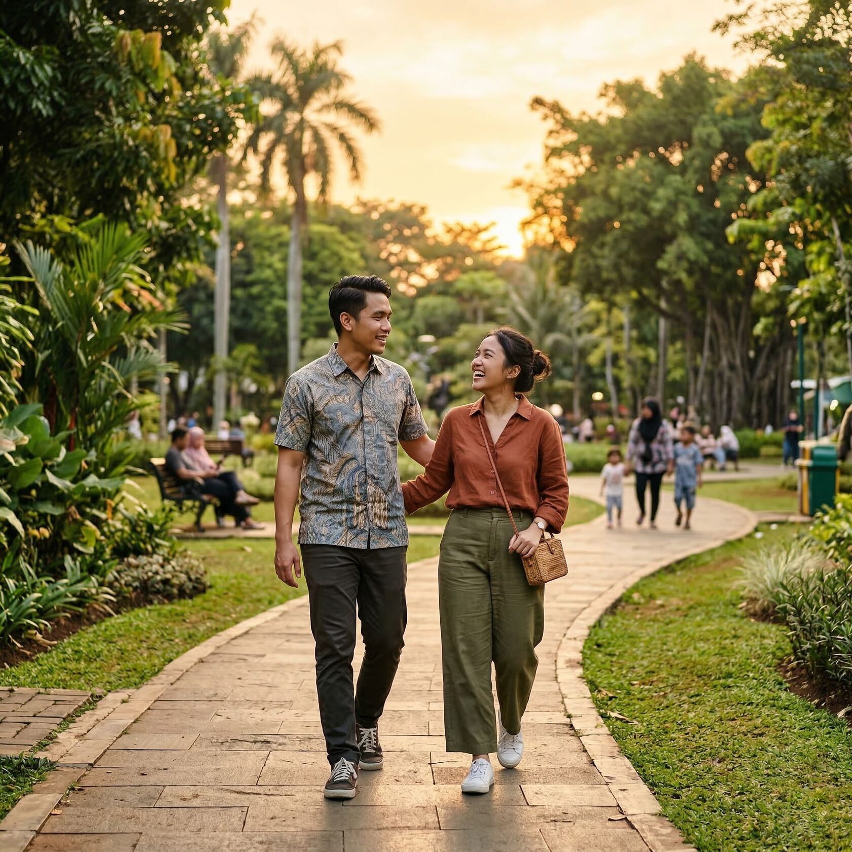 Pasangan berjalan bersama di taman saat sore hari sambil tersenyum, ilustrasi hubungan bahagia, sehat, dan bertumbuh bersama.