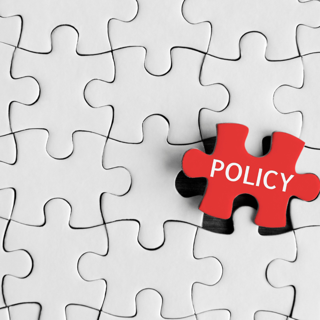 white puzzle pieces with one red that says policy