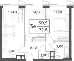 3 Евро — 50,5 / 72,8 м²