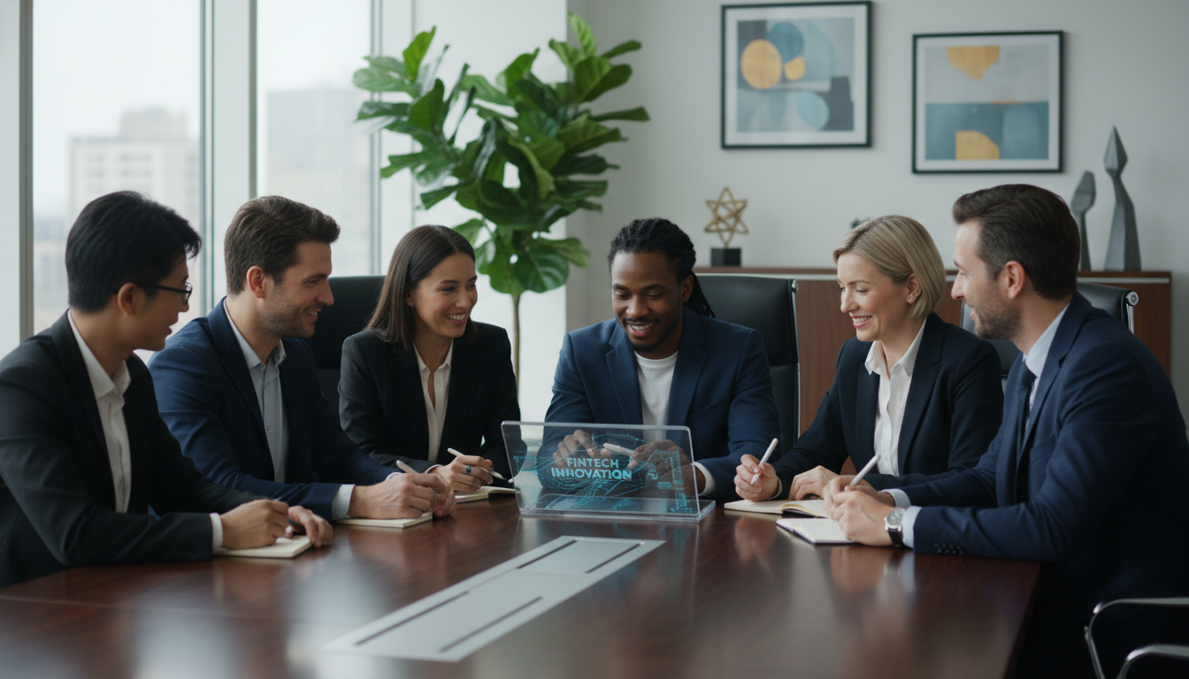 Equipo destacando los beneficios de la innovación abierta y los ecosistemas de colaboración en la industria fintech.