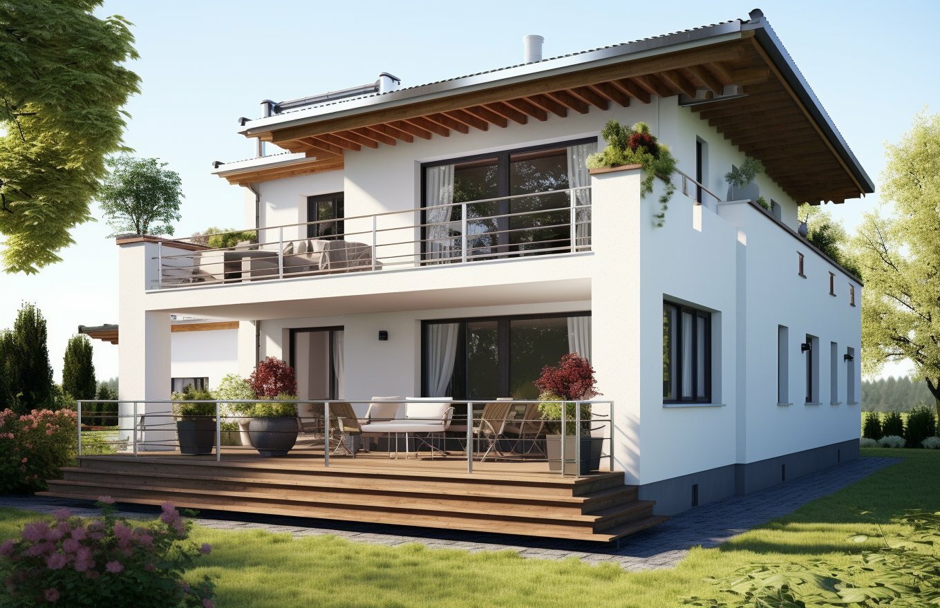 двухэтажный дом с балконом и террасой