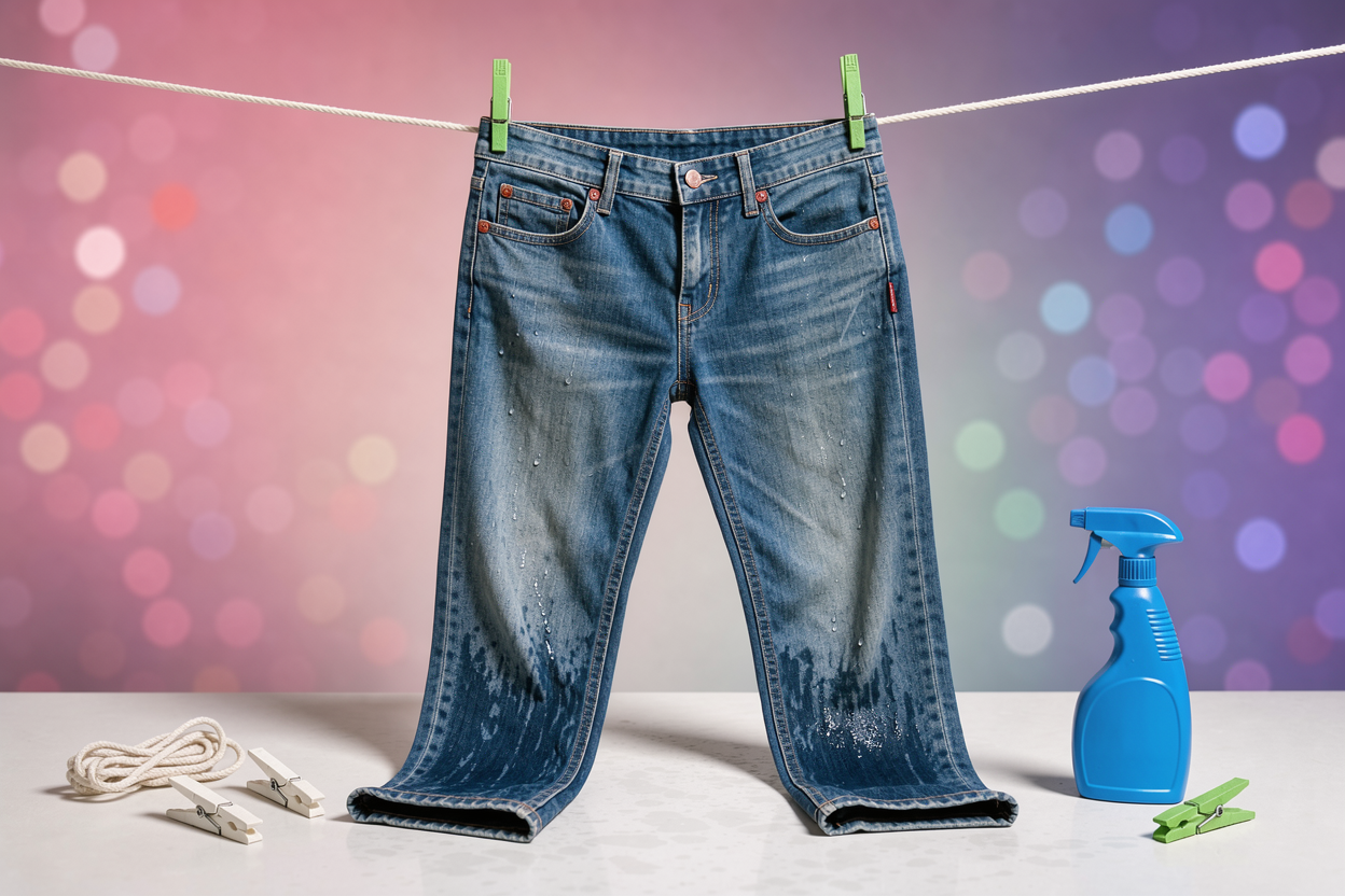 Jeans hanging to air dry on a clothesline in the shade, slightly damp, with gentle natural light and no direct sun