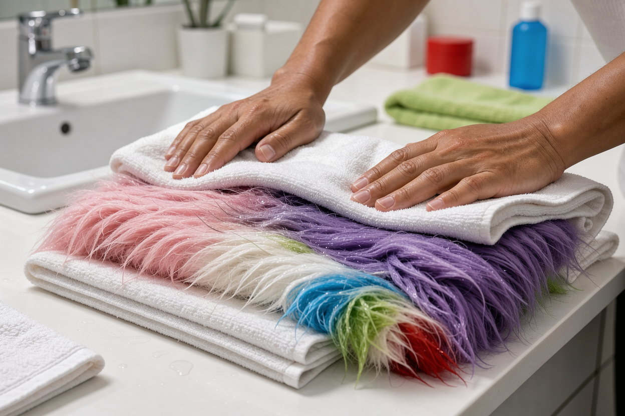 Hands gently blotting a faux fur garment on a stack of white towels in a bright bathroom, emphasizing careful water removal and texture, no visible brand labels