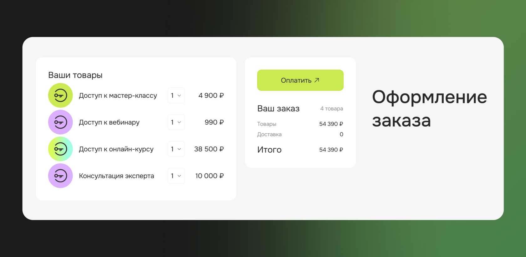 Экран оформления заказа с цифровыми товарами и итоговой суммой оплаты