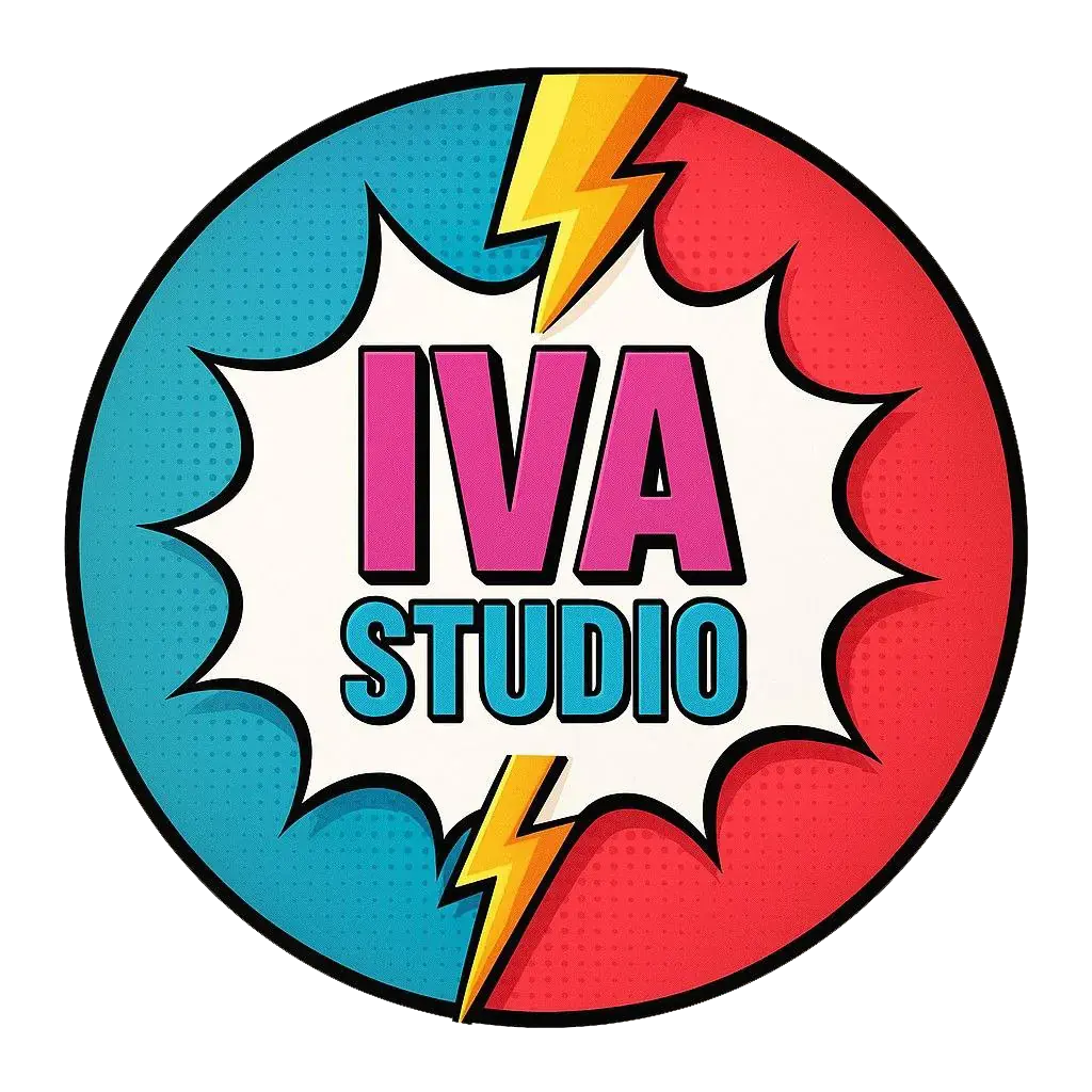 Логотип Iva Studio в стиле поп-арт: круг с красно-синим фоном, белая вспышка, молнии и контрастный шрифт названия студии