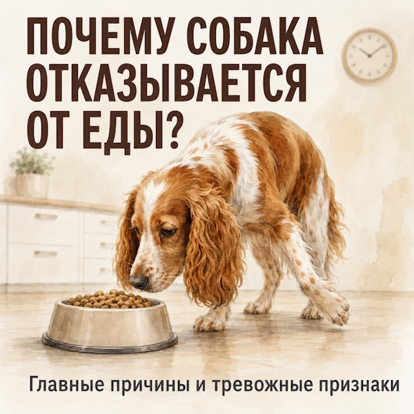 Коричнево-белый спаниель нюхает миску с кормом но отказывается есть - причины потери аппетита у собаки и тревожные признаки