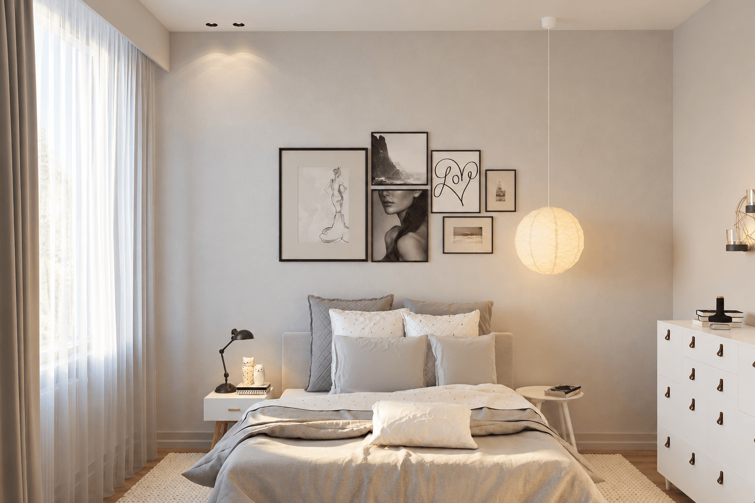 Une chambre à l’aménagement épuré, sans armoires imposantes ni mobilier superflu, pour laisser un maximum d’espace, de lumière et de respiration