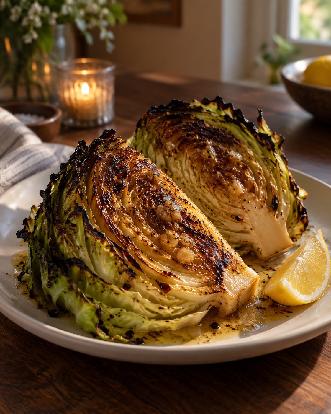 Two roasted cabbage wedges with dark caramelized edges and charred tips, miso-garlic butter melting into the leaves, a lemon wedge on the plate, by Miami private chef Marina Staver