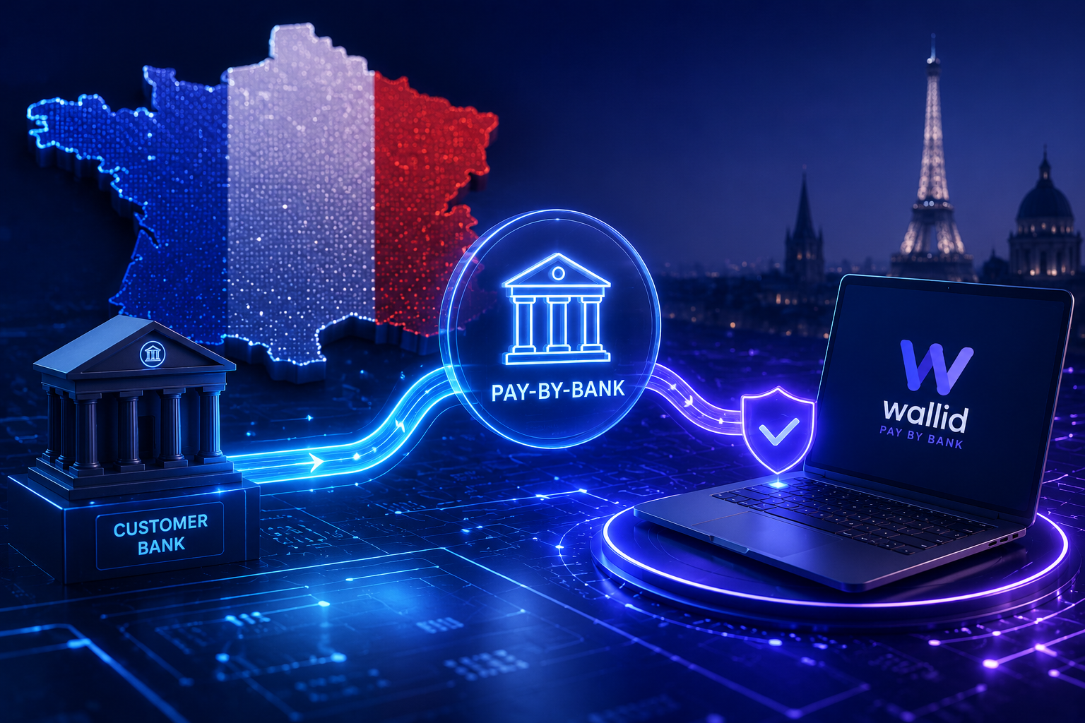 Illustration futuriste représentant des paiements de compte à compte en France avec Wallid, montrant un flux de paiement bancaire direct entre une banque, un marchand e-commerce et une plateforme de paiement open banking.