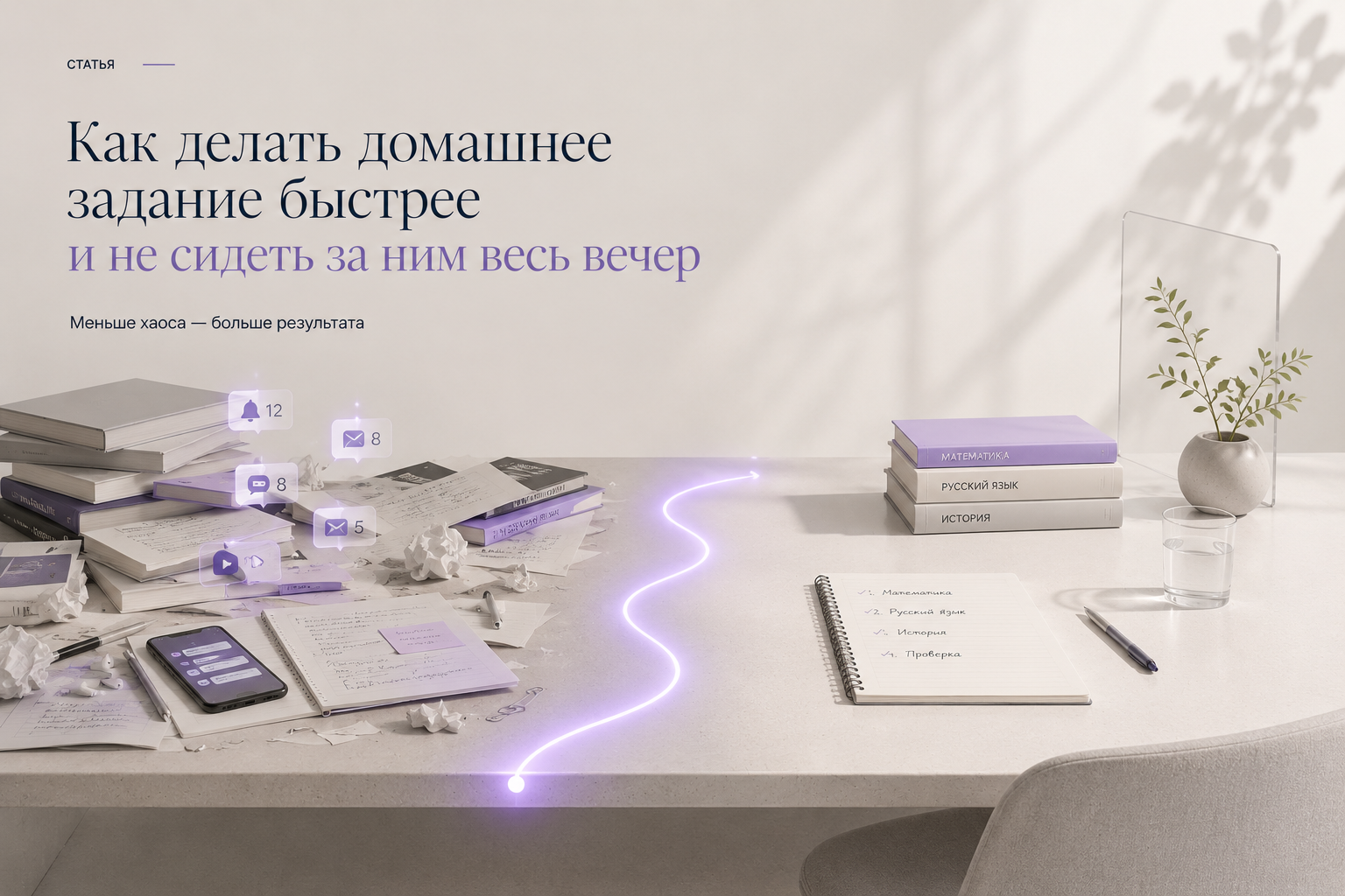 Редакционная инфографика Brainius в минималистичном стиле: крупный типографический тезис «Домашнее задание занимает не весь вечер. Часть вечера просто исчезает.» рядом с композицией из прозрачных стеклянных панелей, через которые проходит световой луч. Часть луча рассеивается в сторону телефона, поиска материалов, переключений между задачами и повторного чтения условия, символизируя скрытые потери времени. Внизу показан маршрут: «Начал → Отвлёкся → Вернулся → Потерял контекст». Светлый архитектурный фон, мягкие тени и лавандовые акценты подчёркивают идею осознанной организации работы.