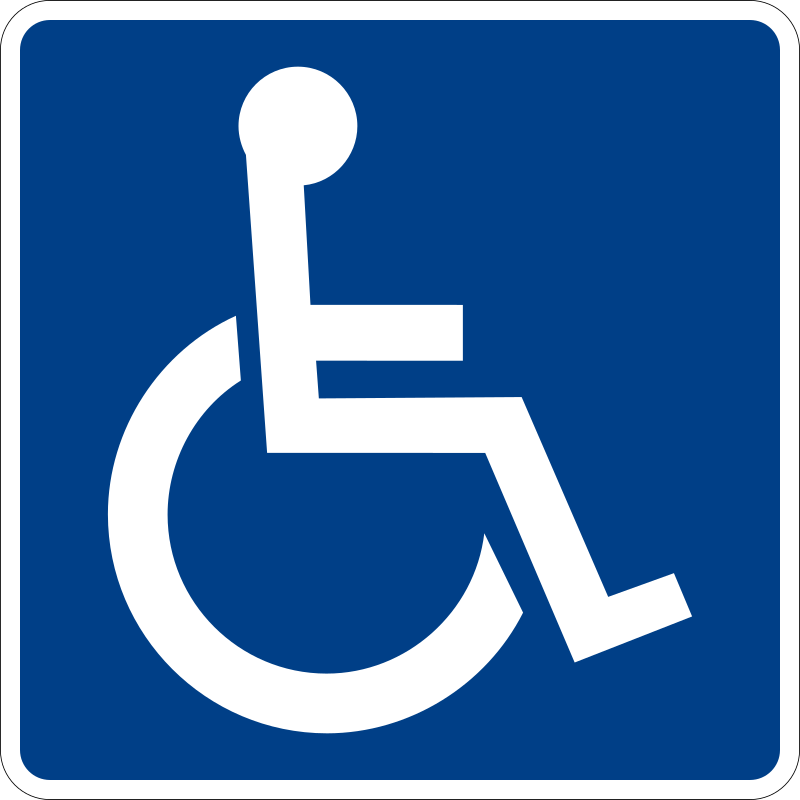 White line figure of a person seated over the axis of a wheelchair on blue background