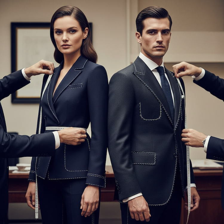 Woman and man getting fitted for a suit