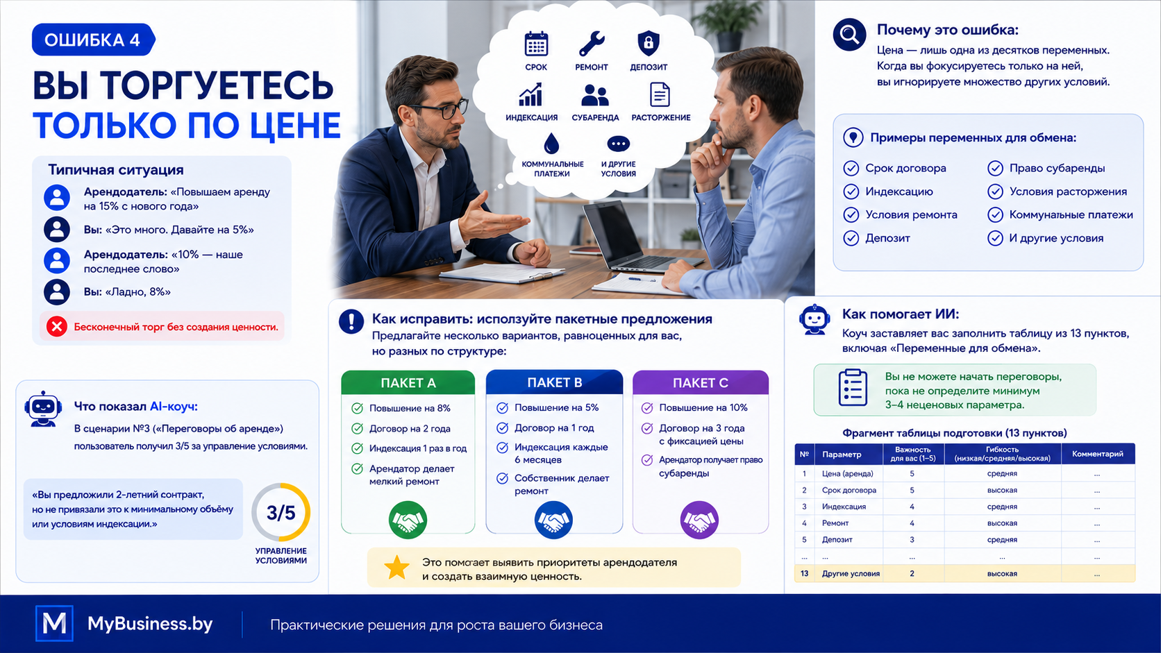 Ошибка 4 в переговорах: торг только по цене. Инфографика показывает пакетные предложения (MESO) для переговоров об аренде: три варианта с разными условиями срока, индексации и ремонта. AI-коуч оценил управление условиями на 3/5. Таблица подготовки из 13 пунктов. MyBusiness.by