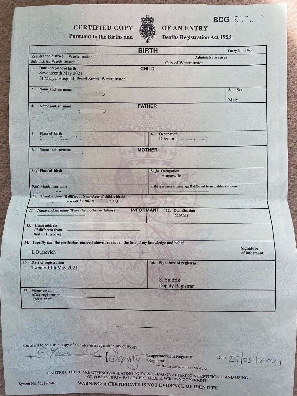 English Russian translaiton of Birth Certificate