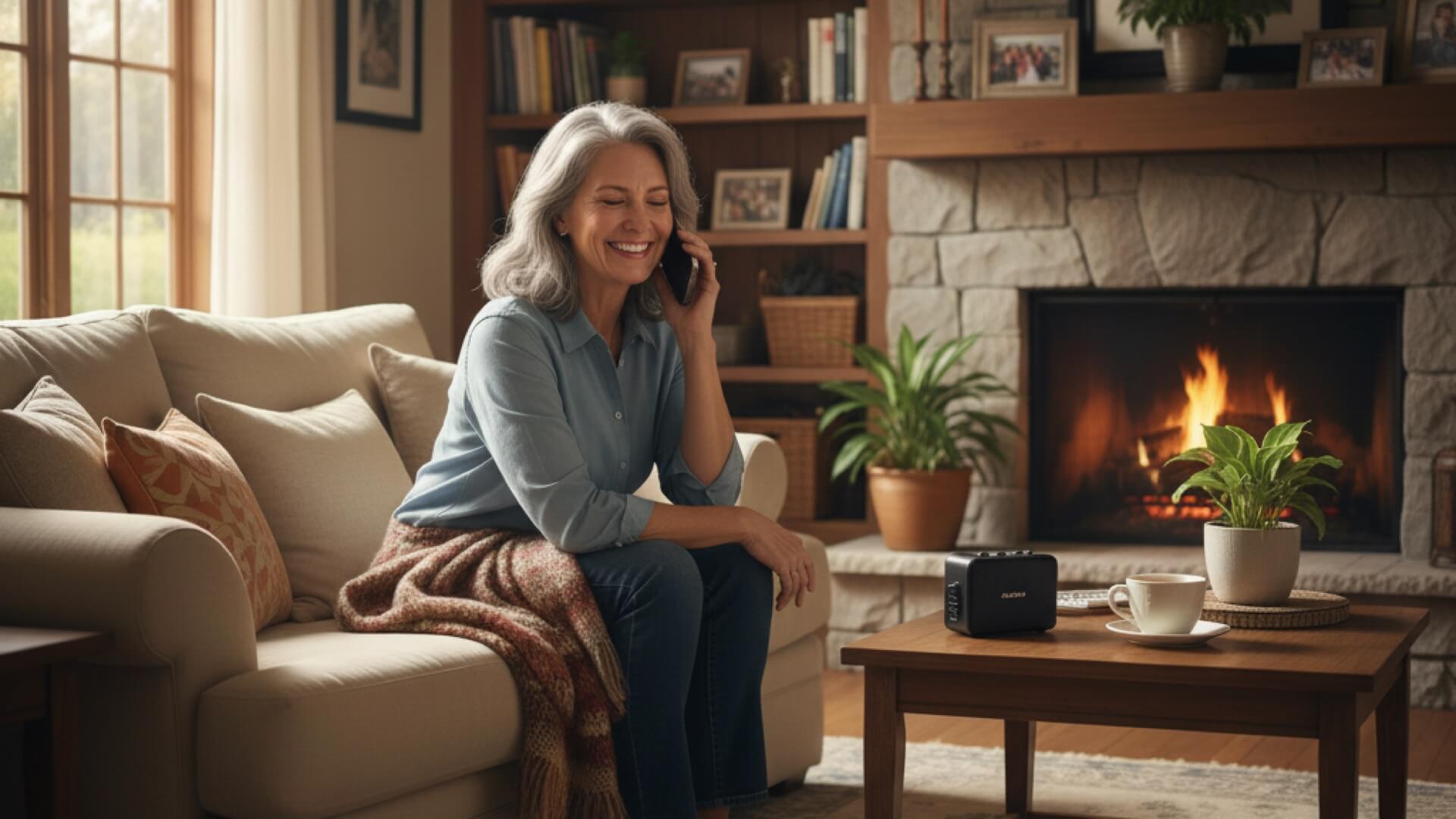 Мама получает песню в подарок на день рождения: женщина улыбается, слушая поздравление по телефону у камина. Атмосфера тепла и радости