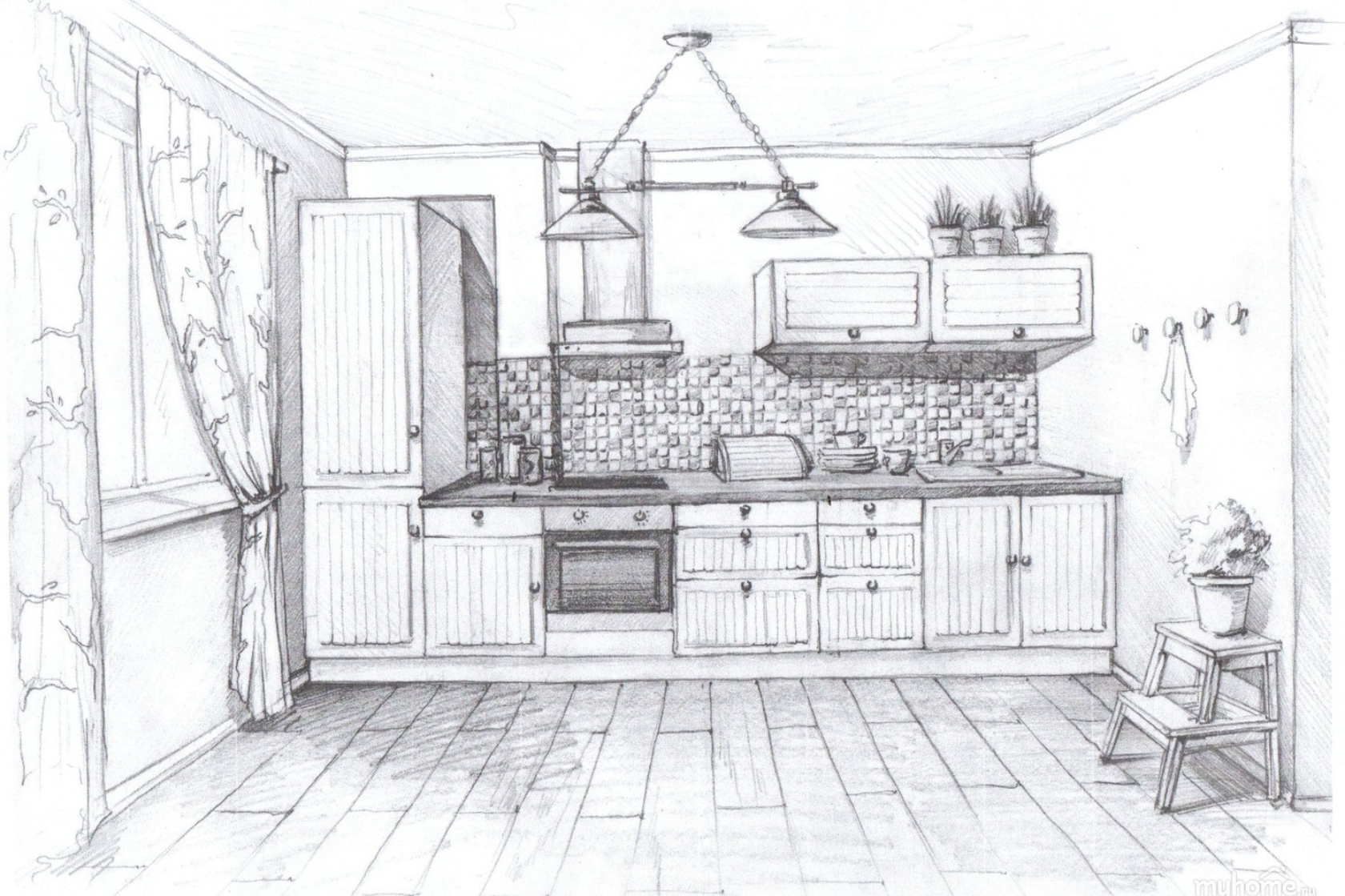 Kitchen drawing. Кухня карандашом. Зарисовки интерьера кухни. Кухня в перспективе карандашом. Эскиз кухни.