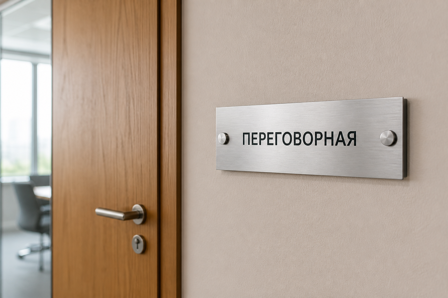 ПЕРЕГОВОРНАЯ — шлифованная панель у деревянной двери