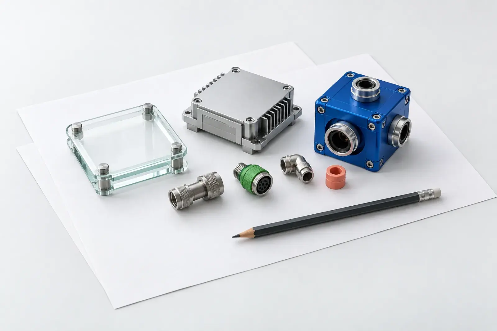 Concept illustration of an engineering workbench with project plans and modular components.