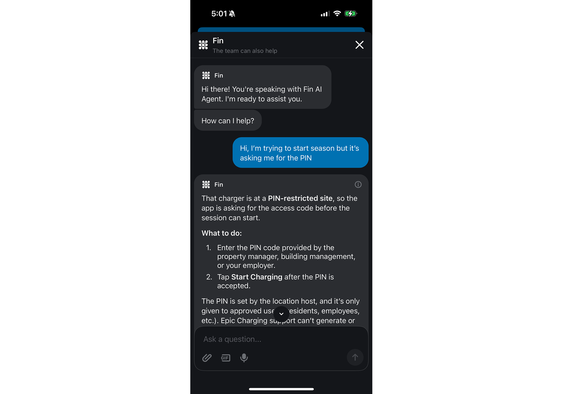 A real driver question at a PIN-restricted site, answered by Fin AI Agent in the Epic Charging app.