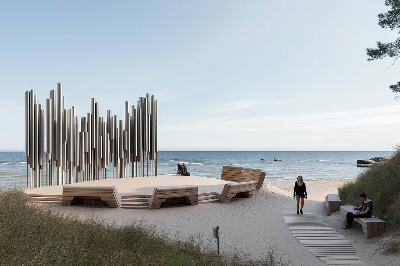 ветряной орган, музыкальный инструмент, Калининград, архитектурное решение, экологический проект, энергия ветра, городской арт-объект, музыкальное оборудование, звуковая инсталляция, городской ландшафт, инновационный проект, природная музыка, кинетический