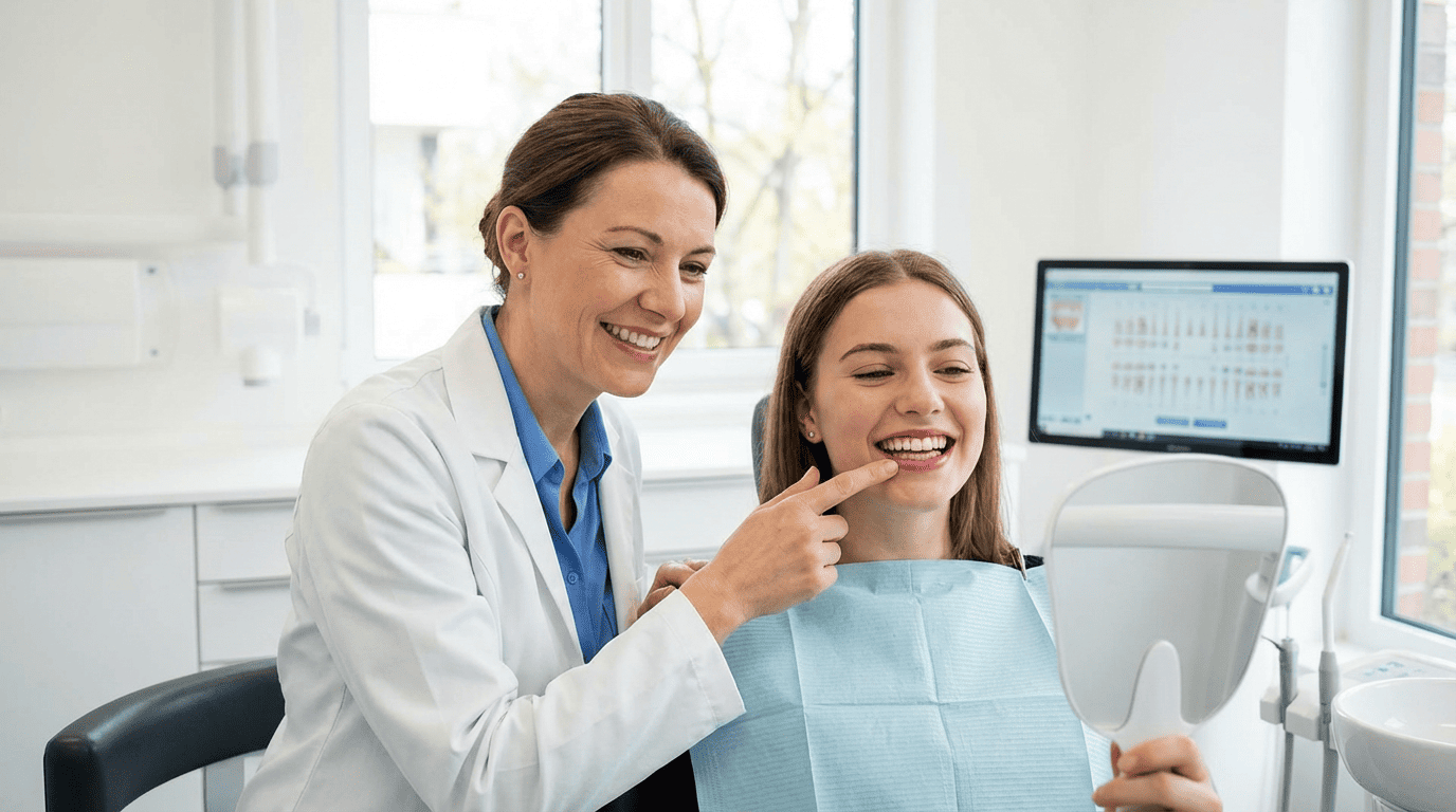 Пациент демонстрирует здоровые дёсны и красивую улыбку после пародонтологического лечения