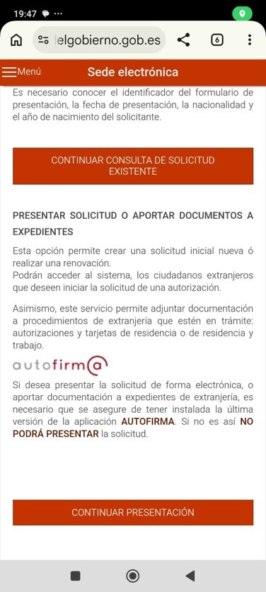 Presentar solicitud — selección del certificado