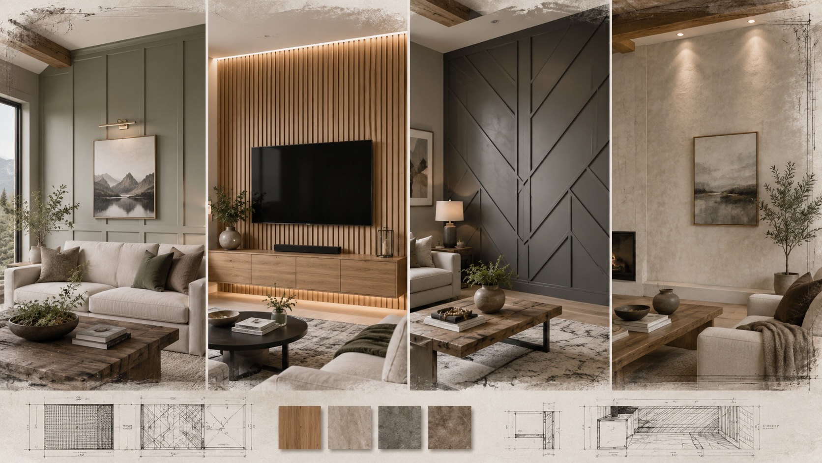 Comparison of board and batten wood slat geometric and limewash accent walls in modern Denver homes.