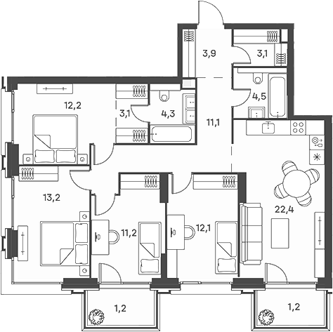 5-комн 115 м²