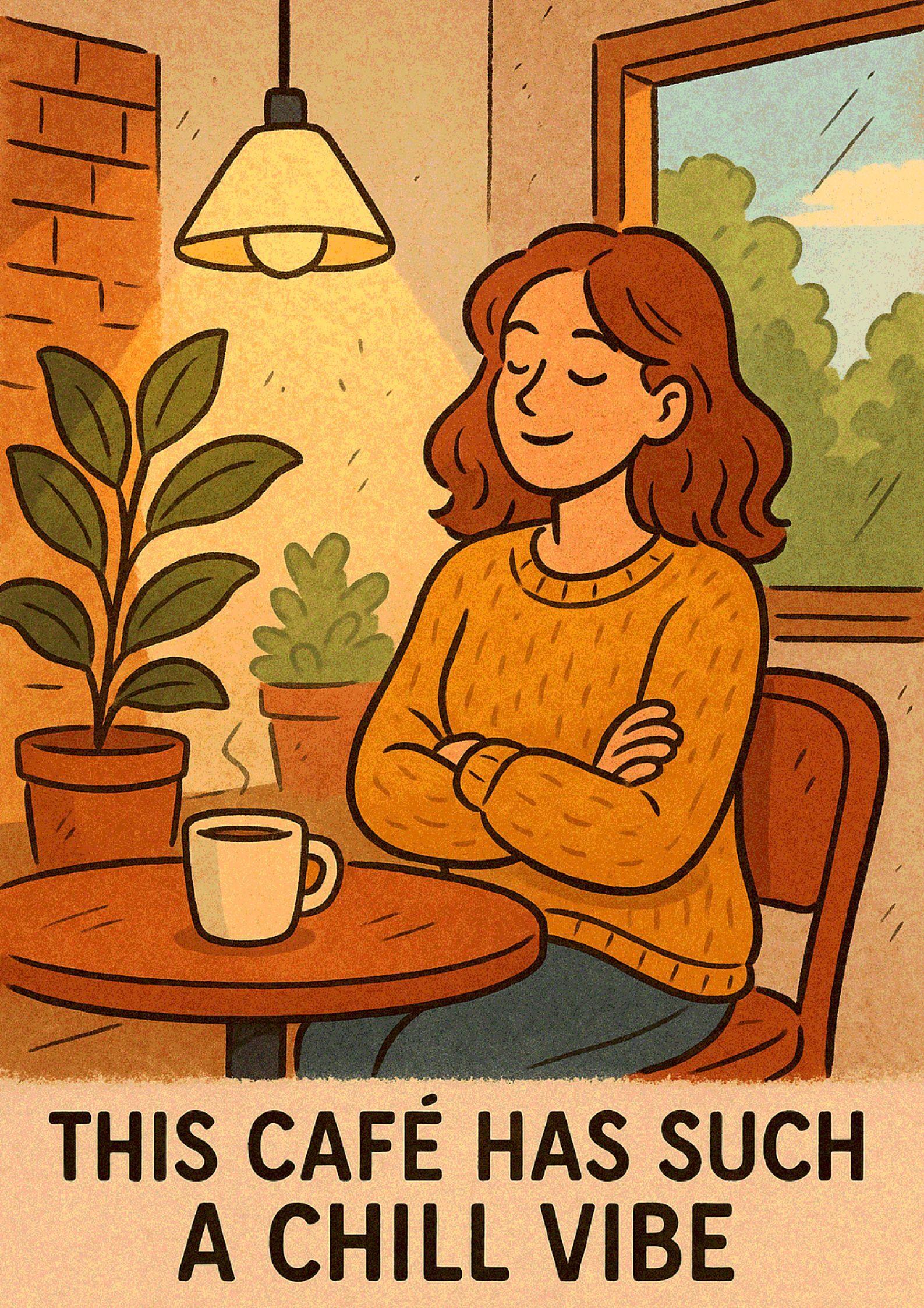 Комиксовая иллюстрация: девушка сидит в уютном кафе с чашкой кофе — пример употребления слова vibe в значении «атмосфера» или «настроение».