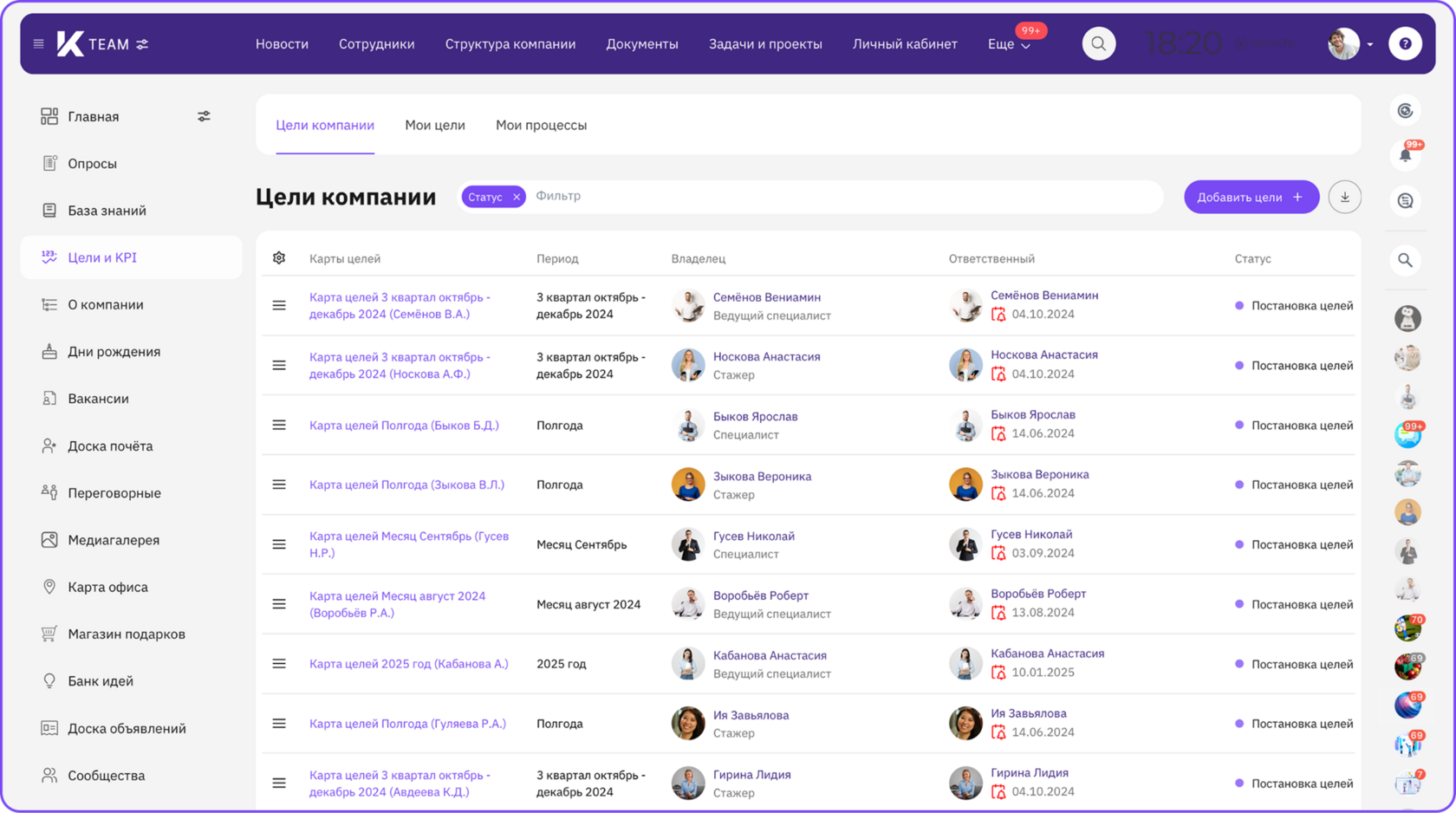Просмотр списка карт целей компании - интерфейс K-Team HRM