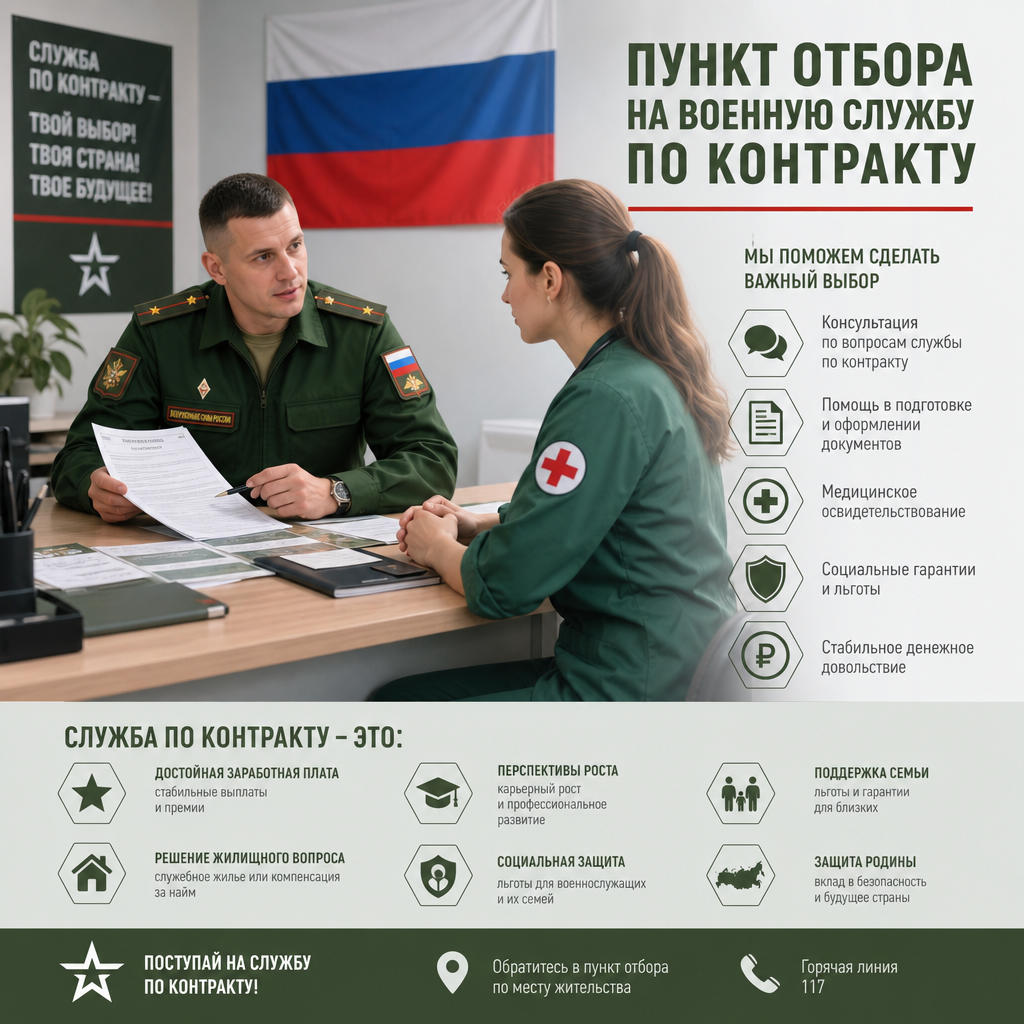Специалист пункта отбора на военную службу по контракту проводит консультацию с кандидаткой-медиком — рабочий стол с документами, форма, флаг России на стене